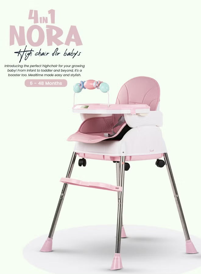 4-in-1-nora-convertible-high-chair-for-kids-with-adjustable-height-and-footrest-baby-toddler-feeding-booster-seat-with-tray-safety-belt-kids-high-chair-for-baby-6-months-to-4-years-pink