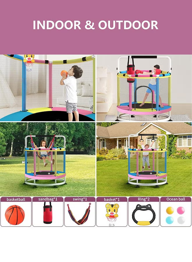 trampoline-for-kids-140cm-toddler-trampoline-indoor-and-outdoor-load-bearing-250kg-kids-trampoline-with-enclosure-net-mini-trampoline-with-swing-sandbag-basketball-hoop-adjustable-gymnastics-bar
