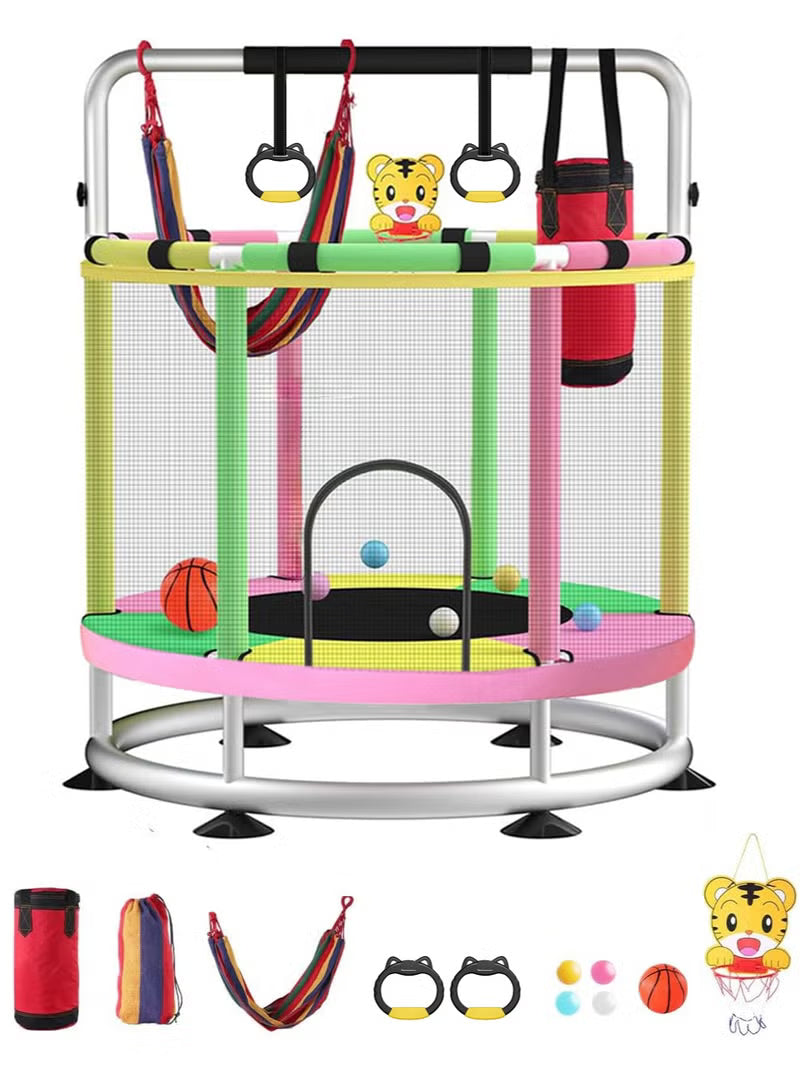 trampoline-for-kids-140cm-toddler-trampoline-indoor-and-outdoor-load-bearing-250kg-kids-trampoline-with-enclosure-net-mini-trampoline-with-swing-sandbag-basketball-hoop-adjustable-gymnastics-bar