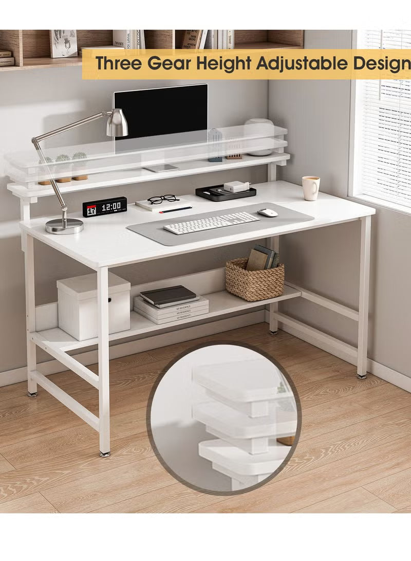 gaming-desk-with-double-layer-metal-frame-office-table-carbon-fiber-surface-3-heights-adjustable-monitor-rack-study-desk-ergonomic-table-with-storage-tier-white-110-45-75cm