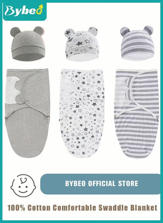 6-pcs-baby-swaddle-blanket-wrap-cap-set-newborn-infant-sleep-sack-with-caps-100-breathable-cotton-0-4-month