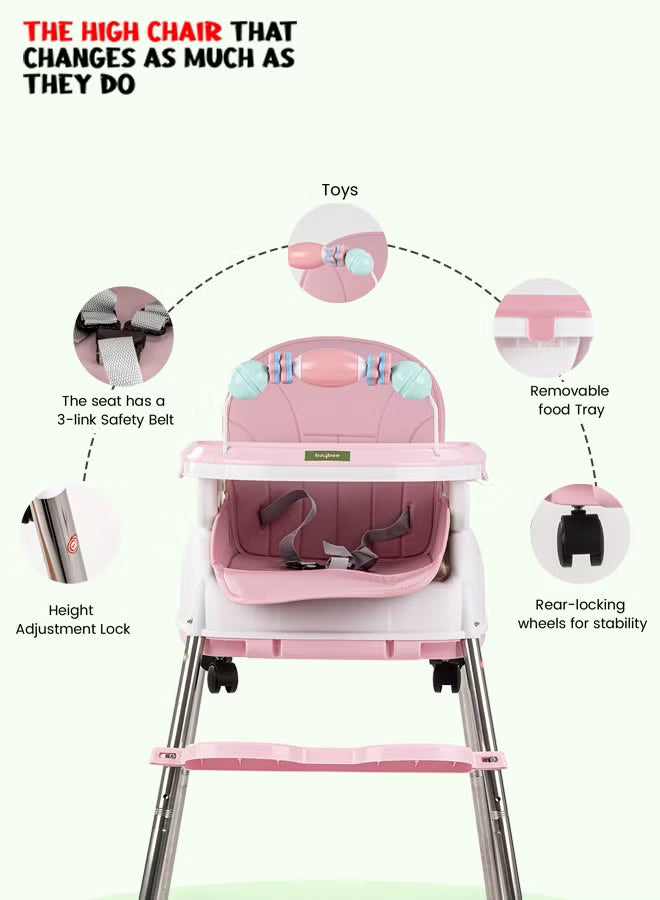 4-in-1-nora-convertible-high-chair-for-kids-with-adjustable-height-and-footrest-baby-toddler-feeding-booster-seat-with-tray-safety-belt-kids-high-chair-for-baby-6-months-to-4-years-pink