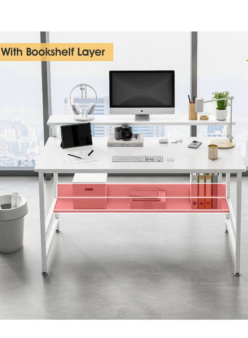 gaming-desk-with-double-layer-metal-frame-office-table-carbon-fiber-surface-3-heights-adjustable-monitor-rack-study-desk-ergonomic-table-with-storage-tier-white-110-45-75cm