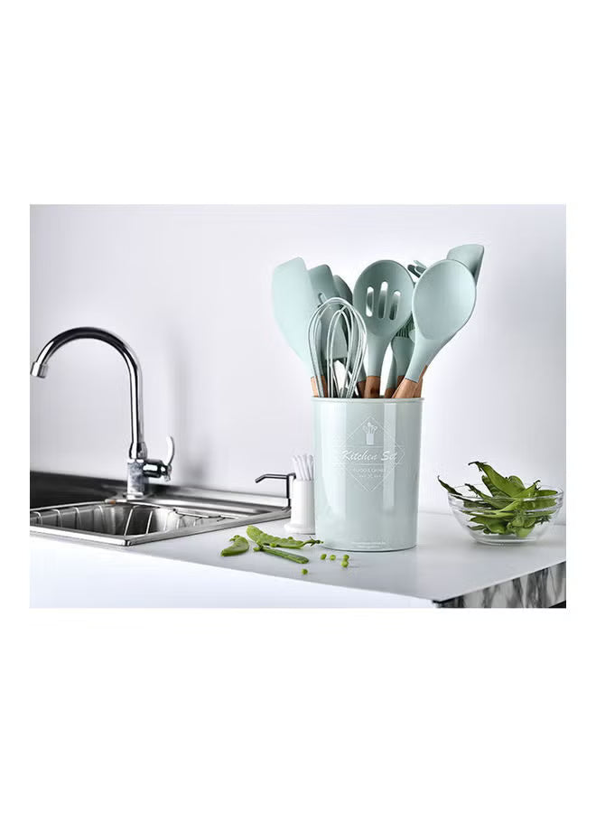 11-piece-wooden-handle-bucket-cookware-spoon-set-mint-green