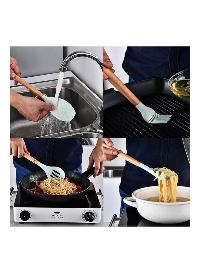 11-piece-wooden-handle-bucket-cookware-spoon-set-mint-green