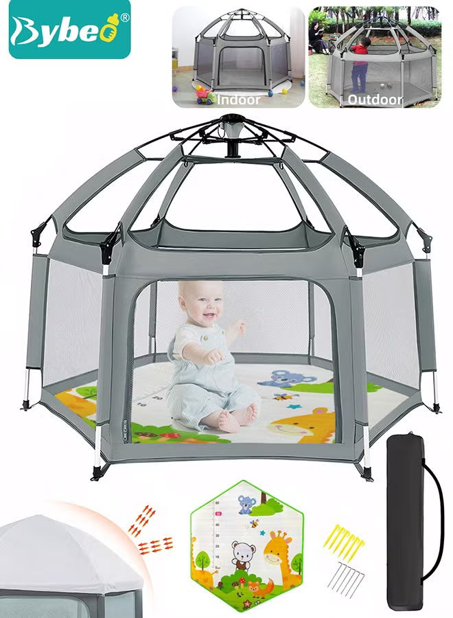 baby-playpen-fence-with-playmat-canopy-folding-playard-for-toddler-collapsible-camping-tent-for-adults-and-children-kids-activity-center-outdoor-infant-play-tents-with-travel-bag-and-safety-lock