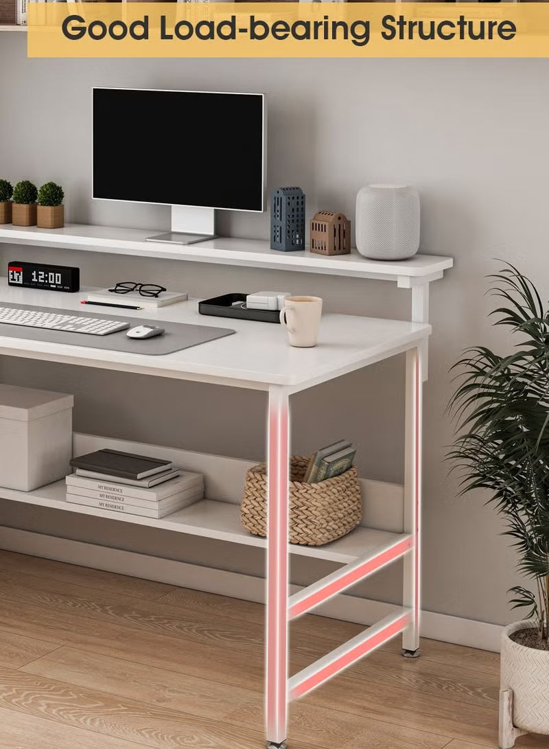 gaming-desk-with-double-layer-metal-frame-office-table-carbon-fiber-surface-3-heights-adjustable-monitor-rack-study-desk-ergonomic-table-with-storage-tier-white-110-45-75cm